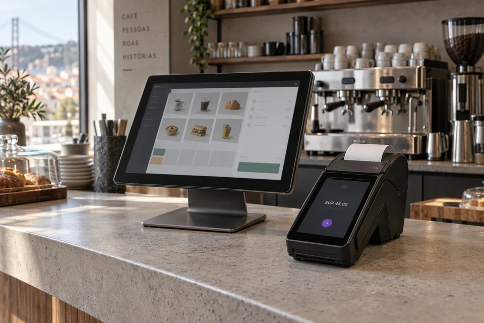 Illustrative cafe checkout with a payment terminal and connected point-of-sale screen.