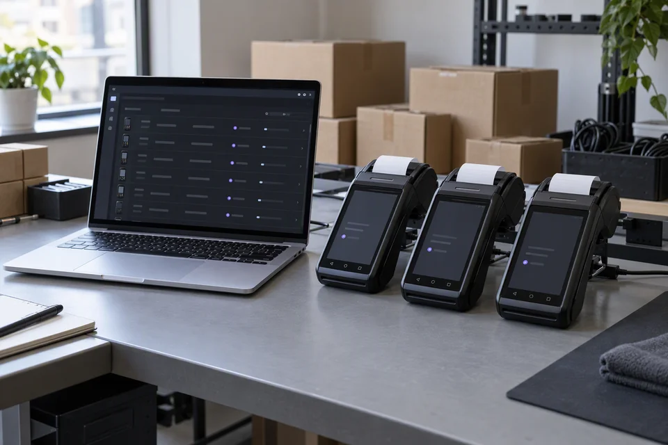 Illustrative deployment workstation with a laptop and three payment terminals.