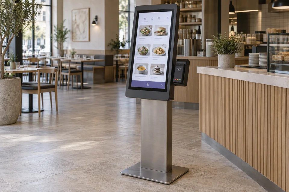 Illustrative restaurant ordering kiosk with an integrated payment reader.