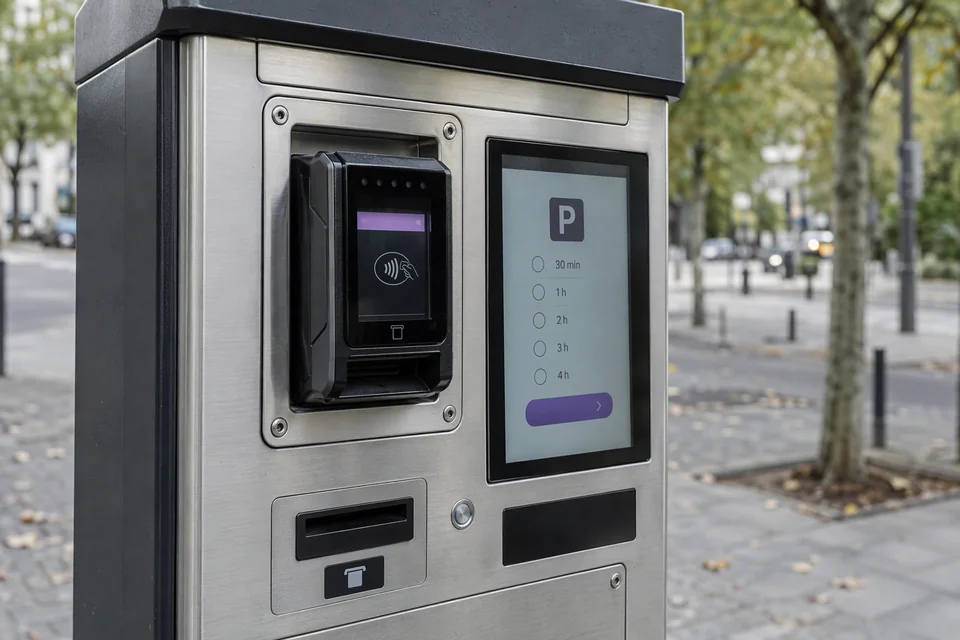 Illustrative payment reader integrated into a street parking pay station.